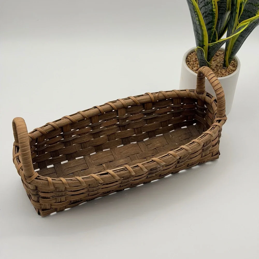 Vintage Long Woven Wicker Bread Basket with Handles Rustic Home Decor